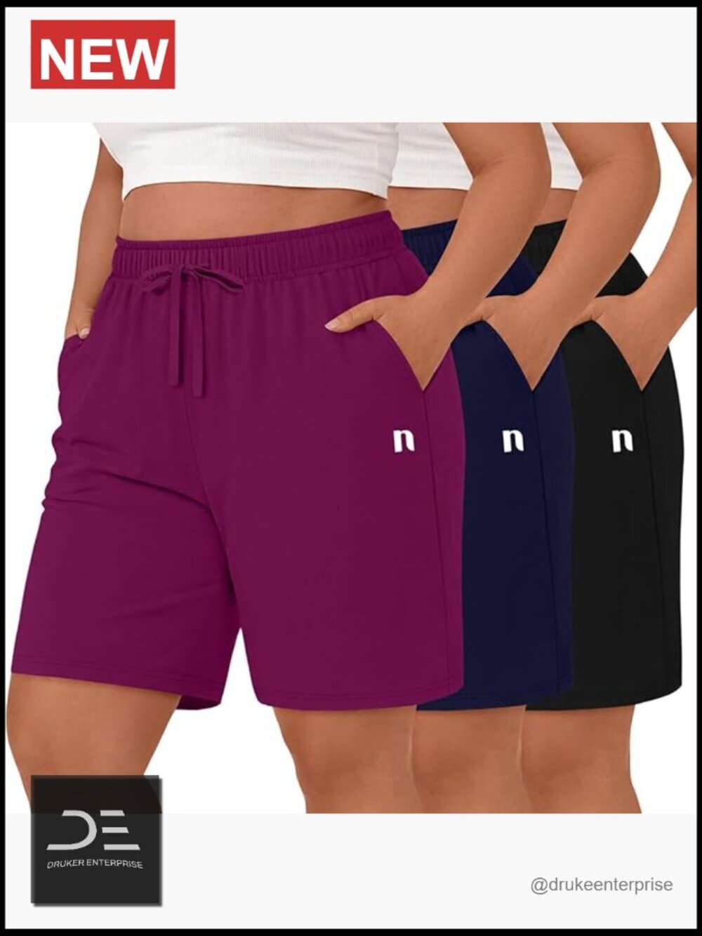 Plus Size Cotton Drawstring Bermuda Shorts 3 Pack with Pockets